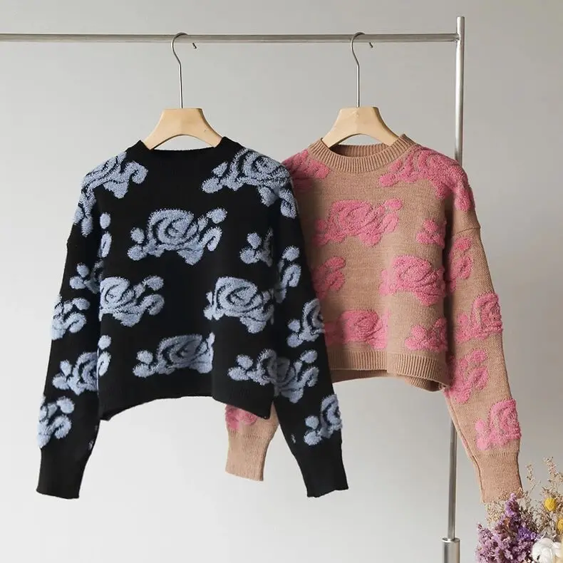 

Women Knitted Sweaters Pullovers Floral Patch Korean Chic Vintge Cropped Knitted Sweaters Female Elegant Cute Jumper Pull Femme