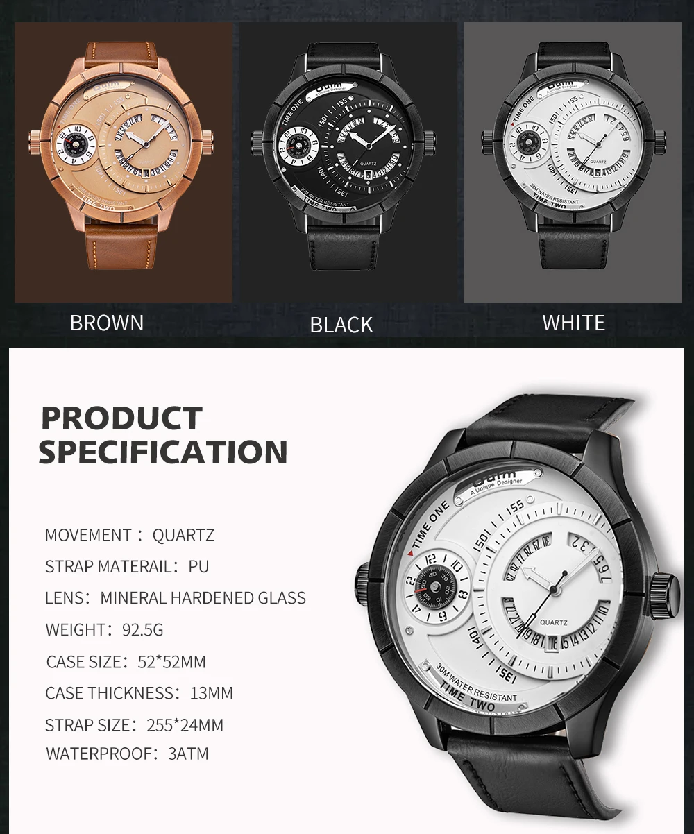 OULM Винтаж кварцевые часы Для мужчин с двумя часовыми поясами пилота деревянный