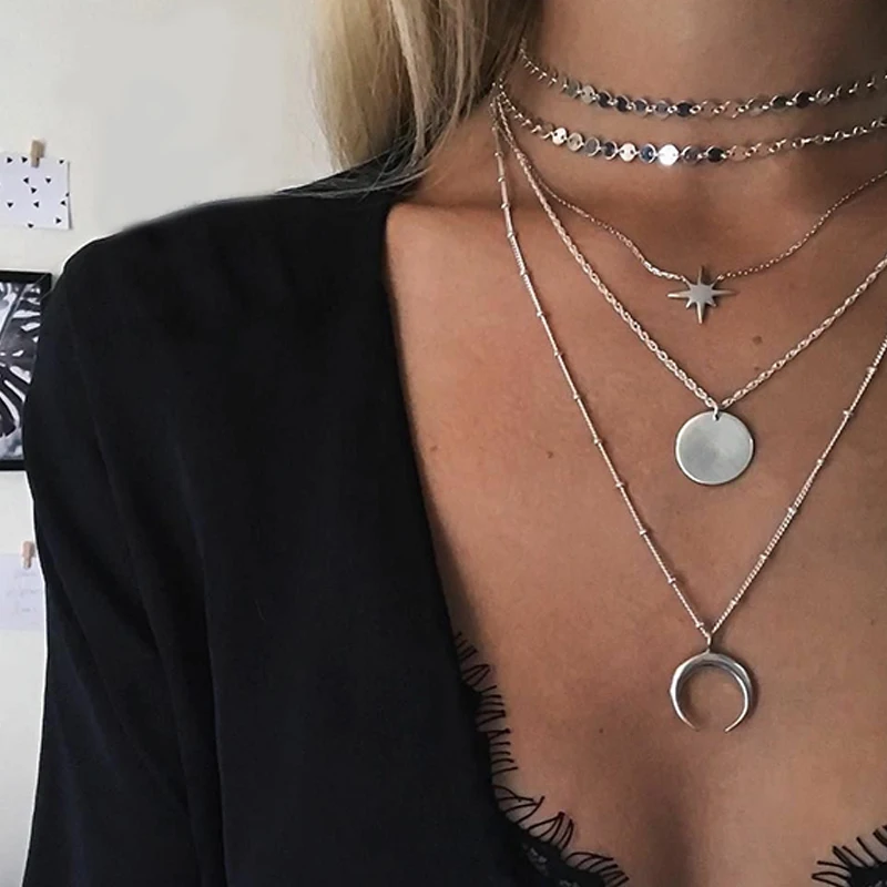 Женское Ожерелье 5 шт./компл. многослойное ожерелье серебряного цвета с