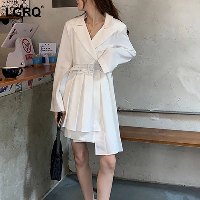 

[LGRQ] Women Black Design Elegant Ruffles Slim Dress New Notched Neck Long Sleeve Fit Fashion Tide Autumn Winter 2021 19D2726