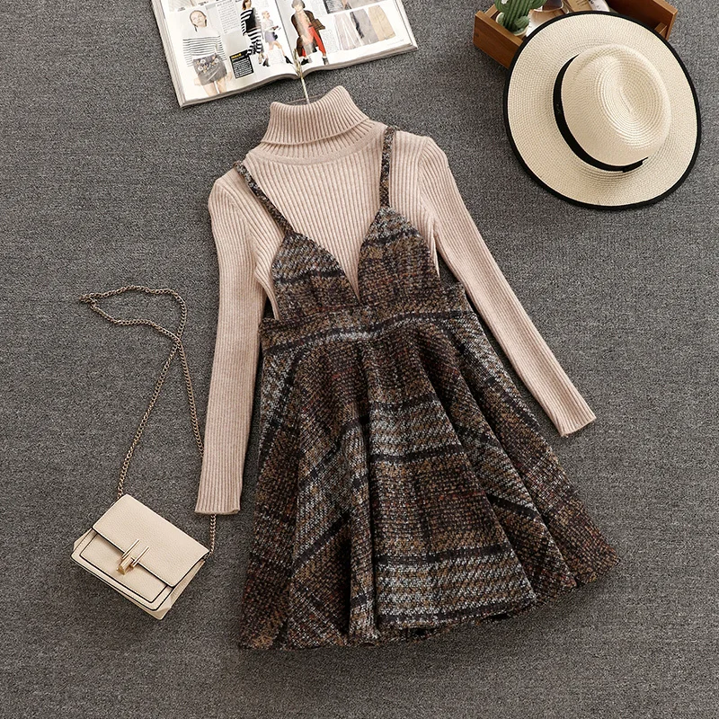 Женский вязаный топ с длинными рукавами + шерстяное платье без рукавов комплект
