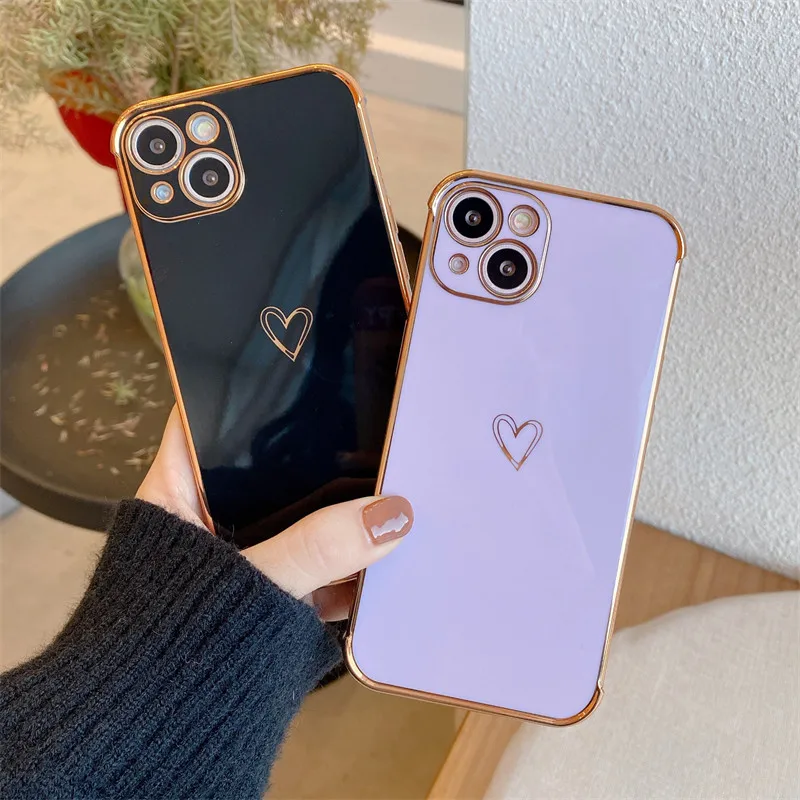 Electroplated Love Heart Phone Case For iPhone 14 13 12 11 Pro Max XR XS X 7 8 Plus SE 2020 Shockproof Protective Soft TPU Cover
