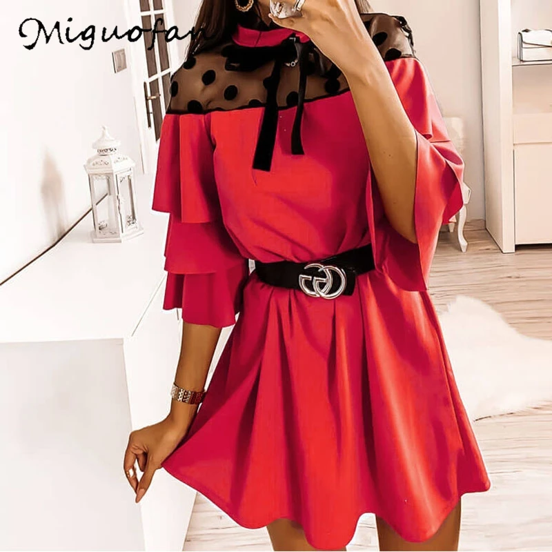 Miguofan женское платье с кружевным бантом в горошек Открытое расклешенными