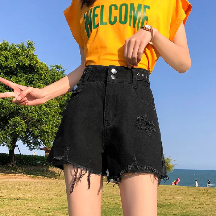 

Ladies High Waist Denim Shorts Women 2021 Summer New Korean Version of The Thin A-line Hole Denim Wide-leg Shorts Women