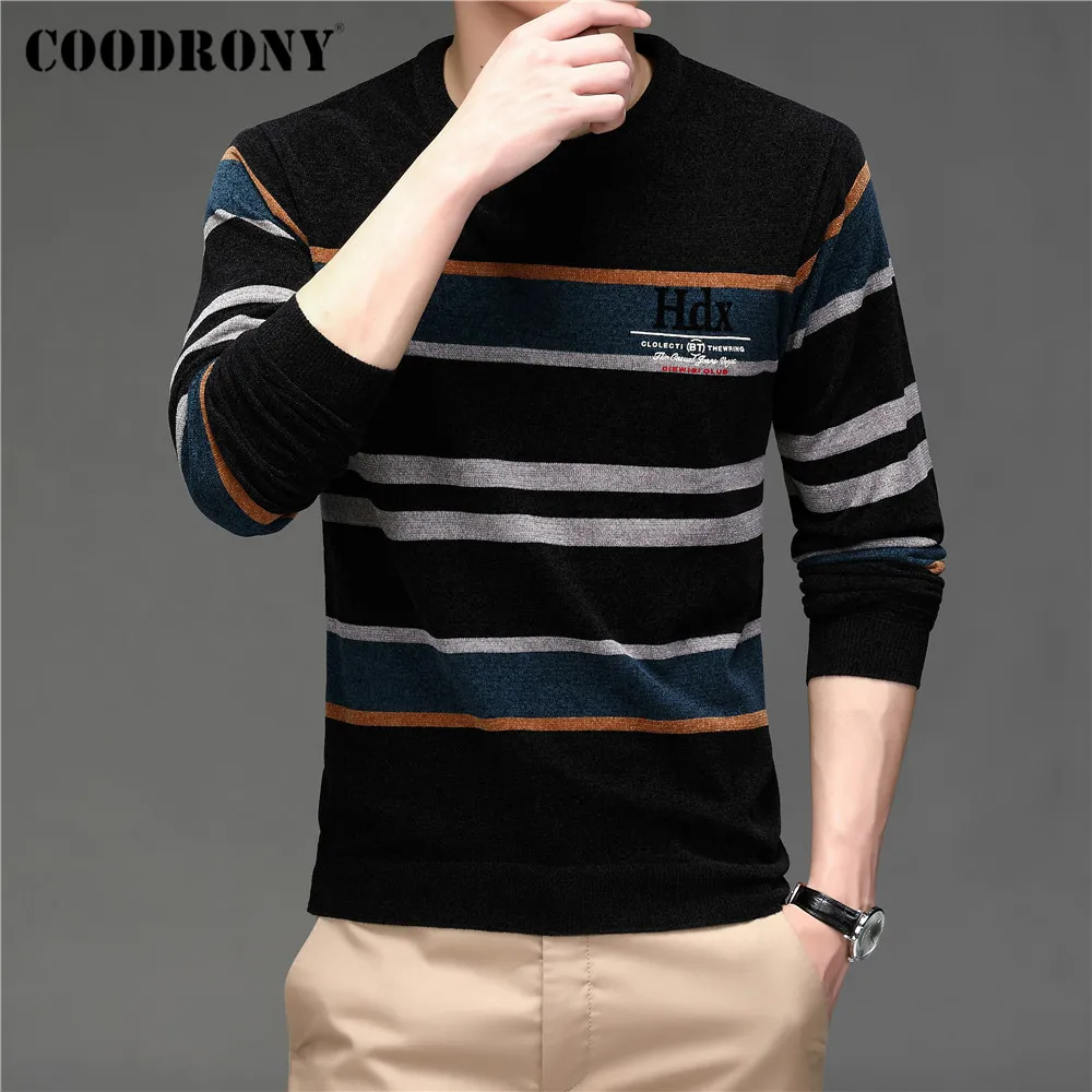 

COODRONY Brand Autumn Winter Soft Warm Sweater Streetwear Fashion Striped O-Neck Jersey Knitted Chenille Wool Pullover Men C1354