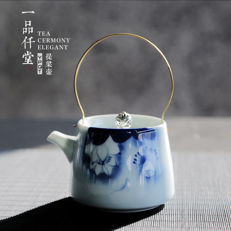 

Chinese ceramic teapot household simple tea utensils hand-painted celadon lotus single tea pot Japanese kungfu ceremony tea set