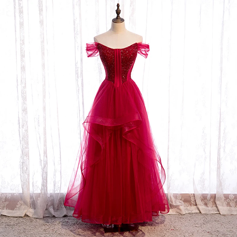 

Bespoke Occasion Dress Illusion O-Neck Short Backless Beading Lace Tulle Luxury Burgundy Vintage Women Formal Evening Gown HB197