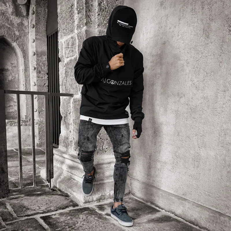 

2021 New Denim Men's Fashion Elastic Knee-hole Pants Gray Small Feet Jeans Trend Slim Fitness Outdoor Stretch Sports Trousers