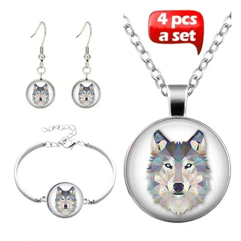 

4 Pcs/Set Handmade Glass Cabochon Necklace Earrings Bangle White Wolf Art Picture Pendant Statement Chain For Women Jewelry