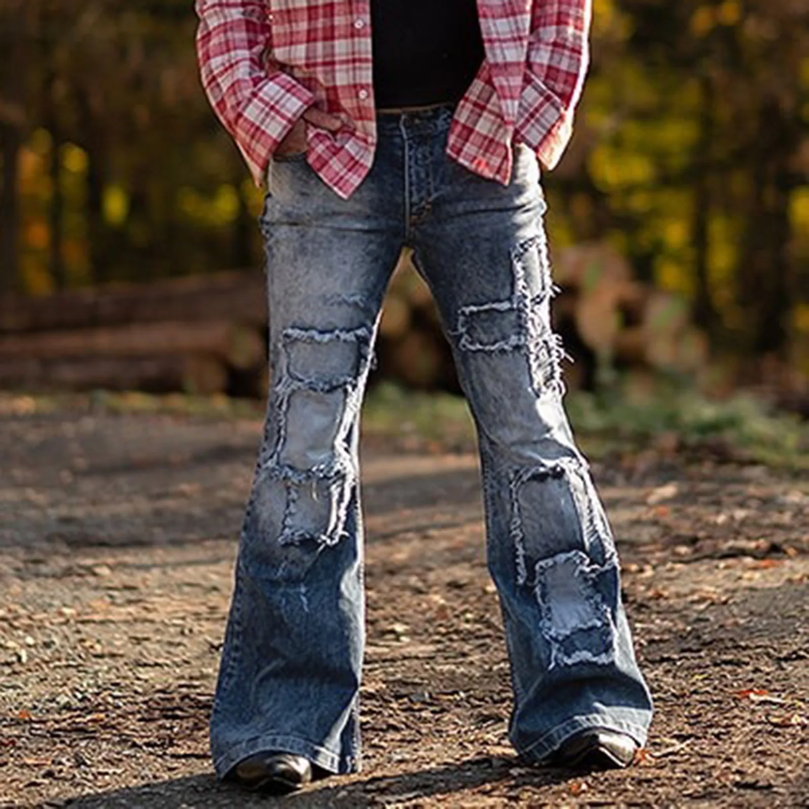 

Men's Vintage Punk Jeans Full Length Denim Tassel Pants Patch Bootcut Jeans Pocket Flare Pant Loose Jeans Men Fashion R5
