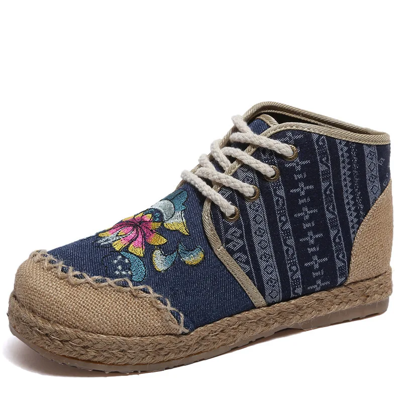 Spring Autumn Women Shoes High Top Canvas Shoes Female Flats Embroidered Footwear Ankle Boots National Style Weaving Casual Shoe