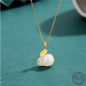 MOVESKI  New S925 Sterling Silver Natural Hetian Jade Rabbit Necklace for Women Light Iuxury High Jewellery