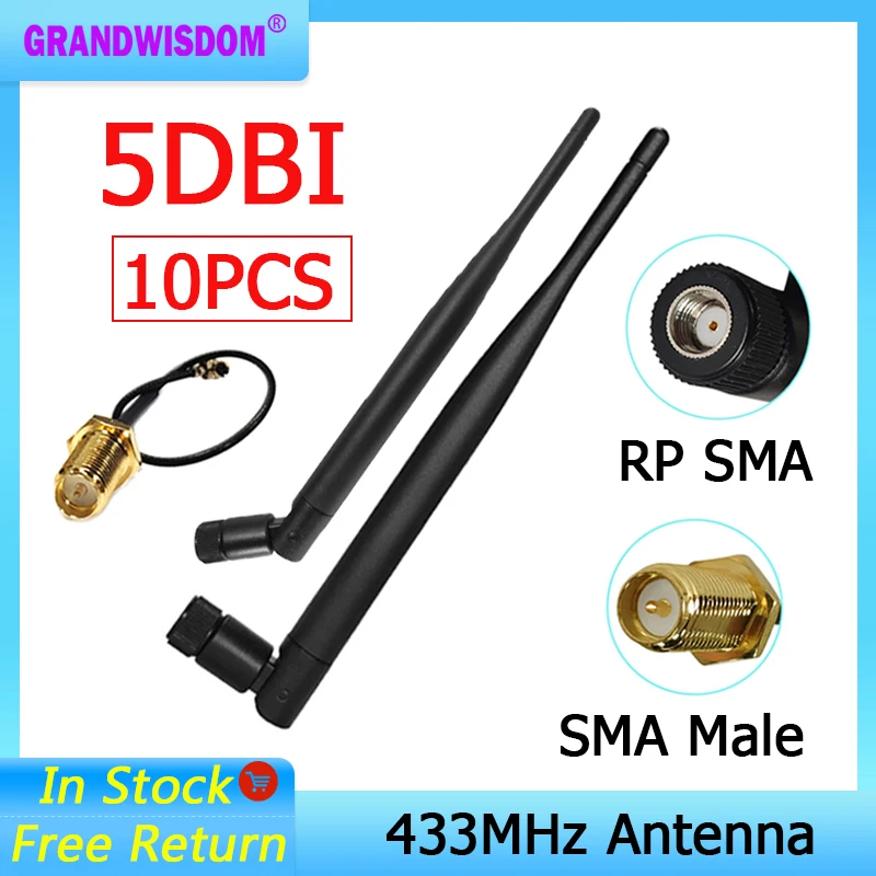

GRANDWISDOM 10 шт. 433 МГц Антенна 5dbi sma разъем lora модуль lorawan антенна ipex 1 SMA Штекерный Удлинительный кабель