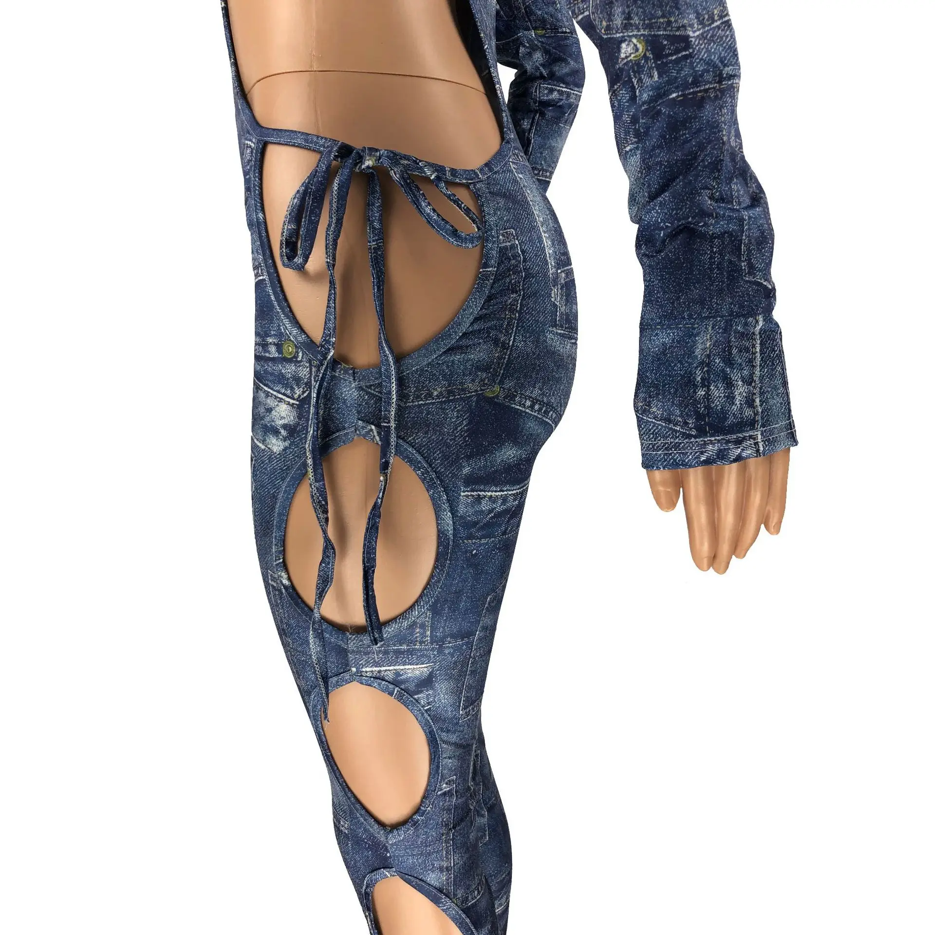 

Vintage Fake Denim Print Body Romper Women Jumpsuit Sexy Hollow Out Lace Up Bandage Bodycon Club Party Jumpsuit Women Overalls