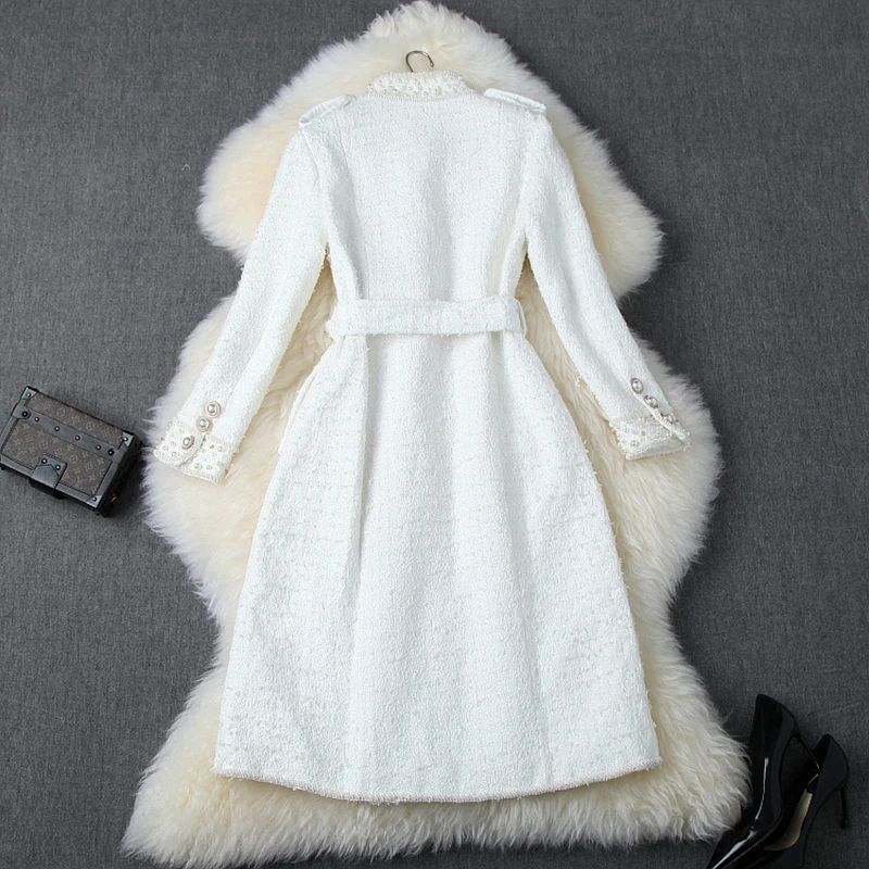 

Fashion Women Designers Autumn Winter Tweed Woolen Jackets and Coats Lady Elegant Long Sleeve Luxury Pearls Wool Blend Overcoat