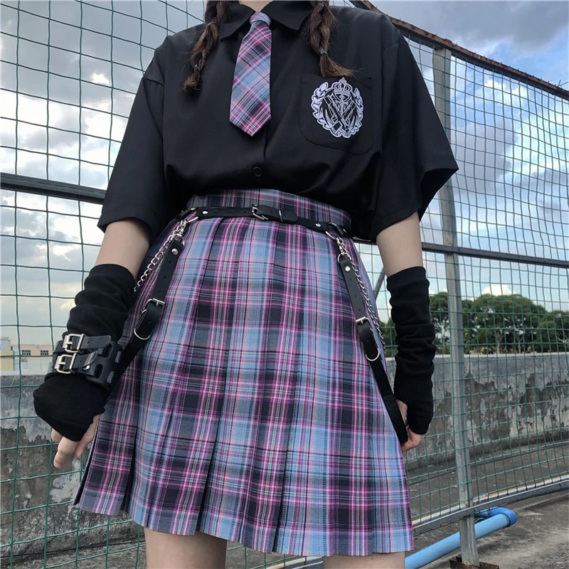 Purple Kawaii Pleated Skirt Suits Women's Summer Korean Fashion Skirts 2021 Plaid Mini School Uniform High Waist Skirt Shorts 