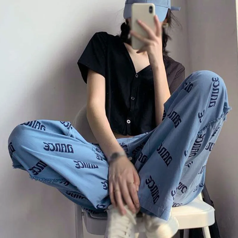 

Casual Blue Printed Loose Pants Women Thin Straight Wide Leg Trousers Female Cozy Long No Pocket Pant Soft Femme Ropa Mujer