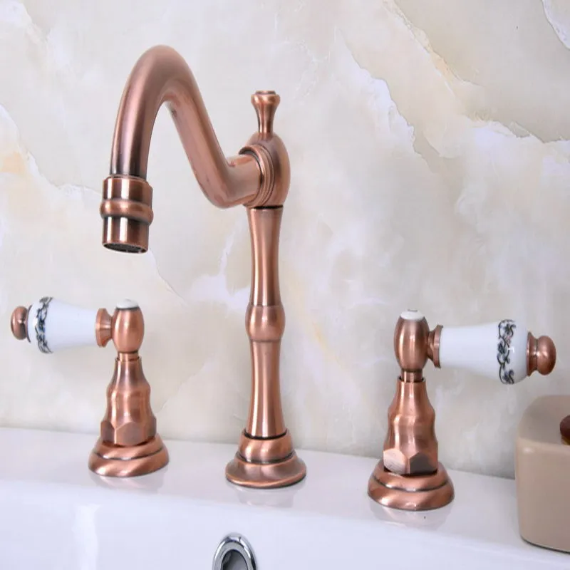 

Antique Red Copper Brass Deck Mounted Dual Handles Widespread Bathroom 3 Holes Basin Faucet Mixer Water Taps mrg061
