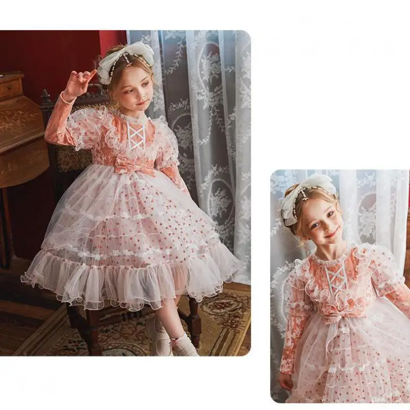 Vestido de terciopelo Lolita para ni&ntilde;as, ropa de fiesta de 3 a 12 a&ntilde;os, largo hasta la rodilla, con dobladillo suelto de manga larga y malla completa, Oto&ntilde;o e Invierno-4