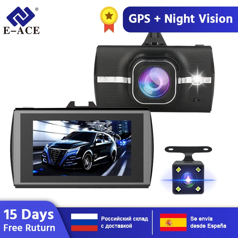 E-ACE автомобиля DVR, GPS трекер с разрешением Full HD 1080P двойной объектив видео Регистраторы ADAS LDWS Ночное видение 170 градусов WDR(широкий динамический диапазон) Dashcam Регистратор