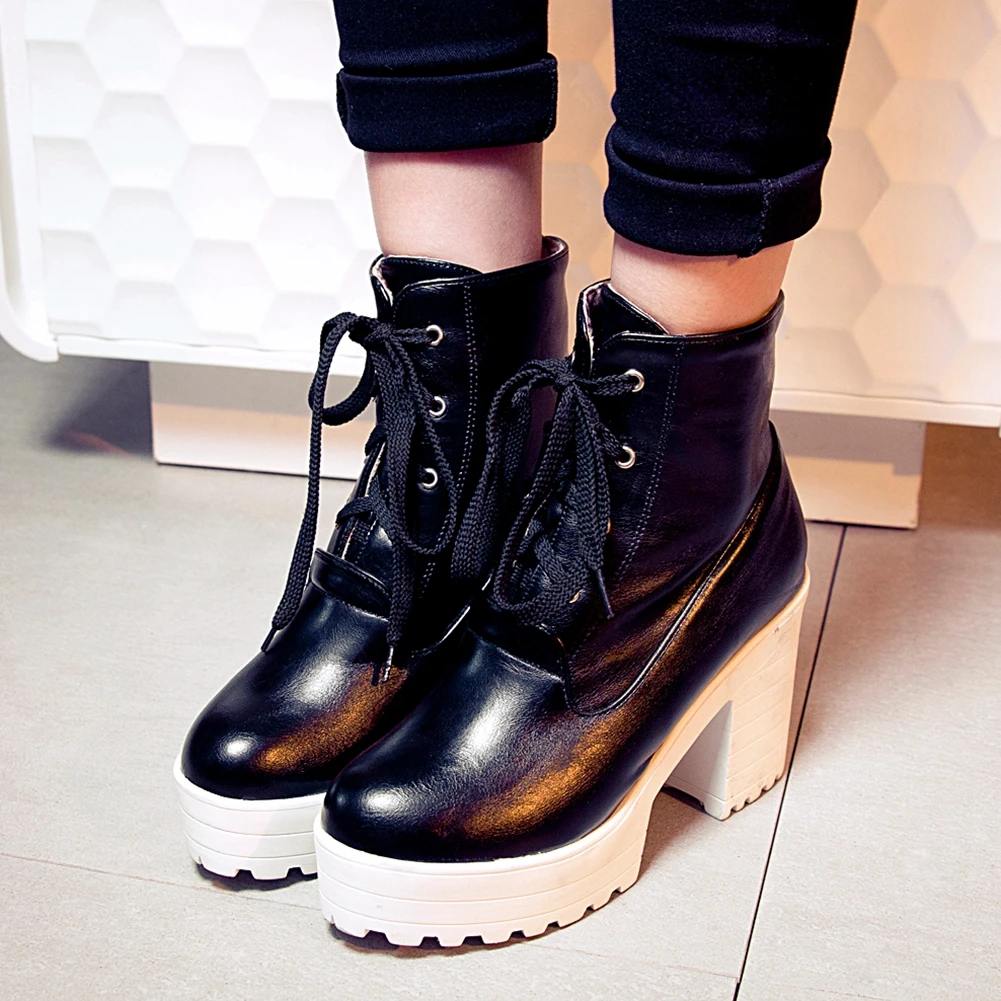 

DORATASIA New Fashion Female Cjimky High Heels Ankle Boots 2020 Sweet Date Boots Women Round Toe Platform shoelace Shoes Woman