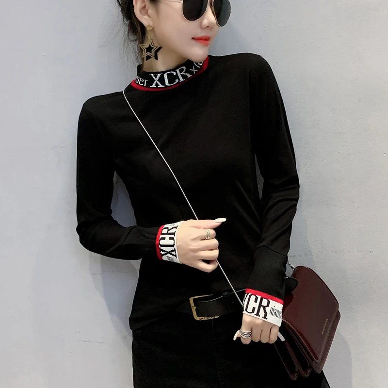 

#5788 Black White Hip Hop T Shirt Women Harajuku Streetwear Tee Shirt Female Letter Turtleneck Casual Cotton T-Shirt Long Sleeve