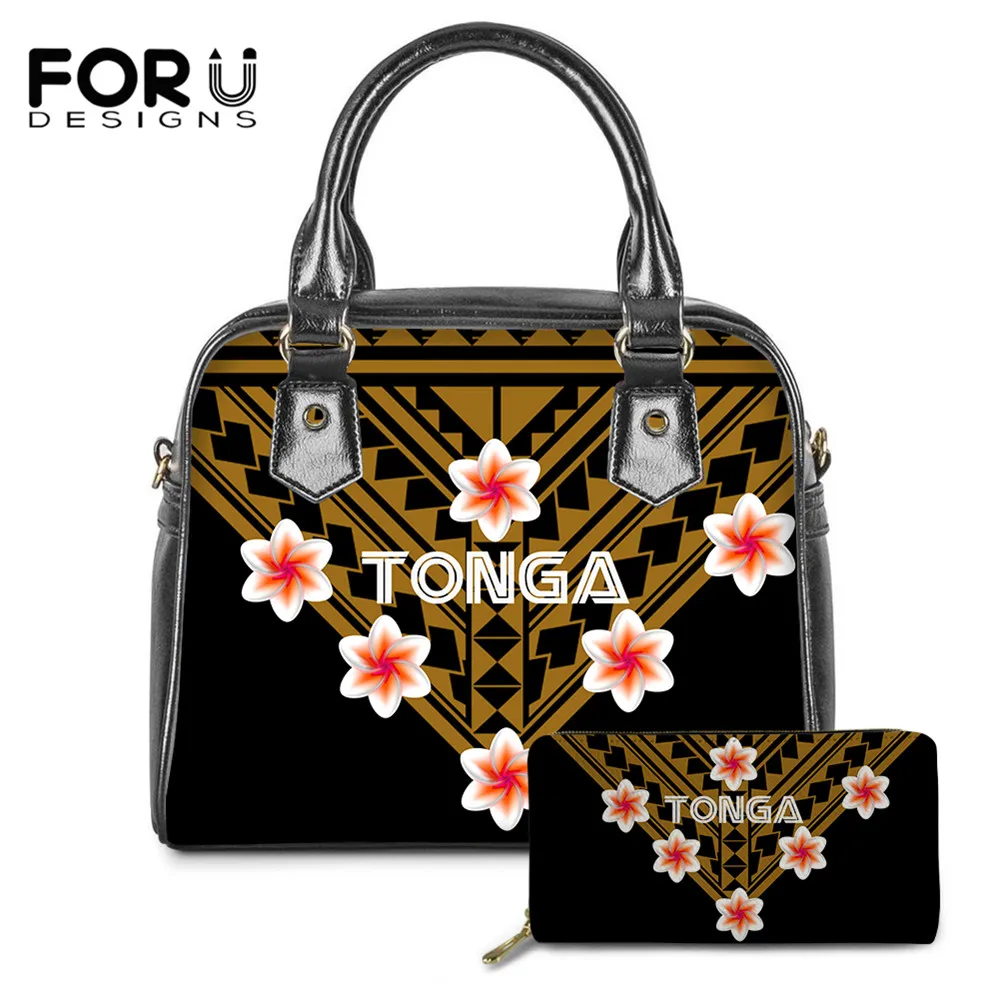 

FORUDESIGNS Brand Designer 2set Women Fashion PU Handbag Tonga Polynesian Tattoo Hawaii Hibiscus Print Large Tote Bag Long Purse