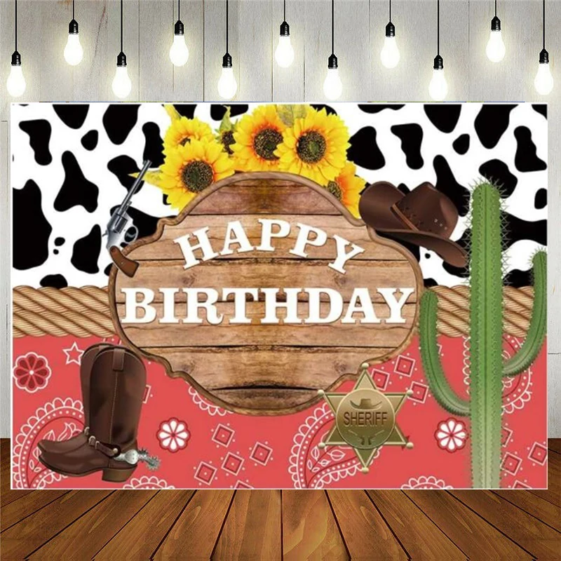 

Western Theme Kids Birthday Party Photography Backdrop Wild West Rodeo Cowboy Cowgirl Background Cactus Sunflower Rustic Wood