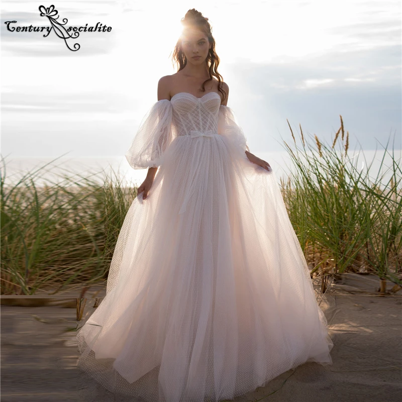 

Boho Wedding Dresses 2022 Strapless Detachable Sleeve A-Line Boho Bride Dress Beach Bridal Gown Robe De Mariee Vestidos De Noiva