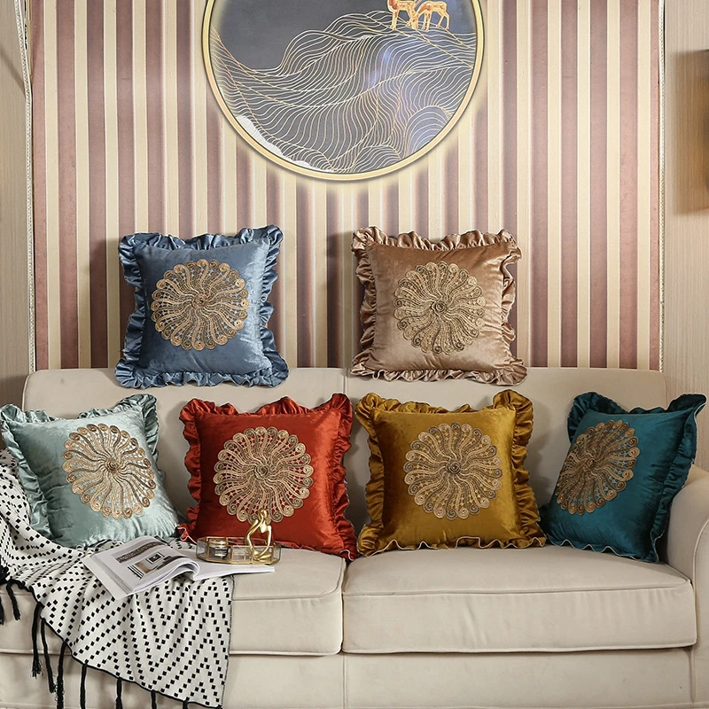 

European Style Cushion Cover With Skirt Embroidery Decals Decorative Pillows Hotel Home Bedroom Bed Sofa Seat Pillowcase 45x45CM