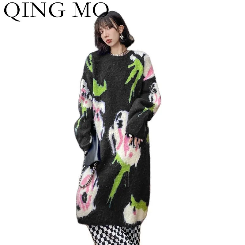 

QING MO 2021 Winter New Thick Round Neck Pullover Sweater Dress Women Fashion Printing Plus Size Knitted Dress Black ZWL1724