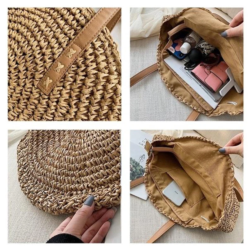 Женская плетеная Сумка-тоут круглая соломенная простая пляжная сумка через