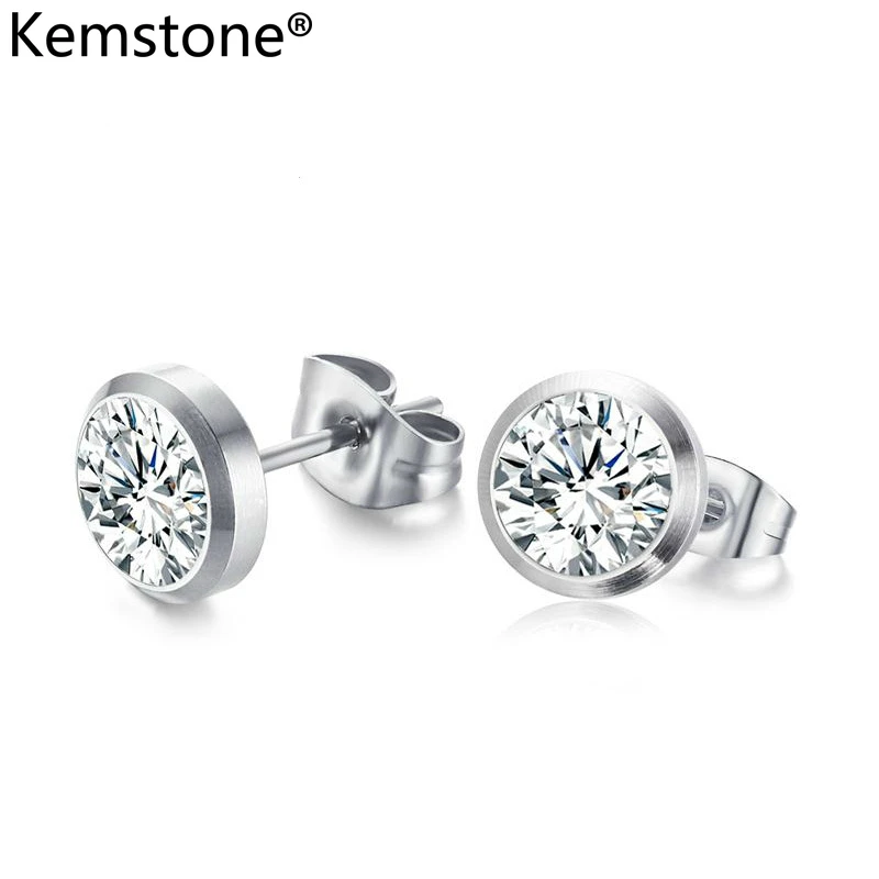 

Kemstone Cubic Zirconia 8MM Stainless Steel Silver Plated Stud Earrings Female Women Jewelry