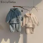 Теплое пальто из плюша в Корейском стиле для маленьких мальчиков комплект из двух предметов: толстовка с капюшоном + длинные штаны детские штаны с длинными рукавами утепленная Милая одежда в японском стиле из 2 предметов