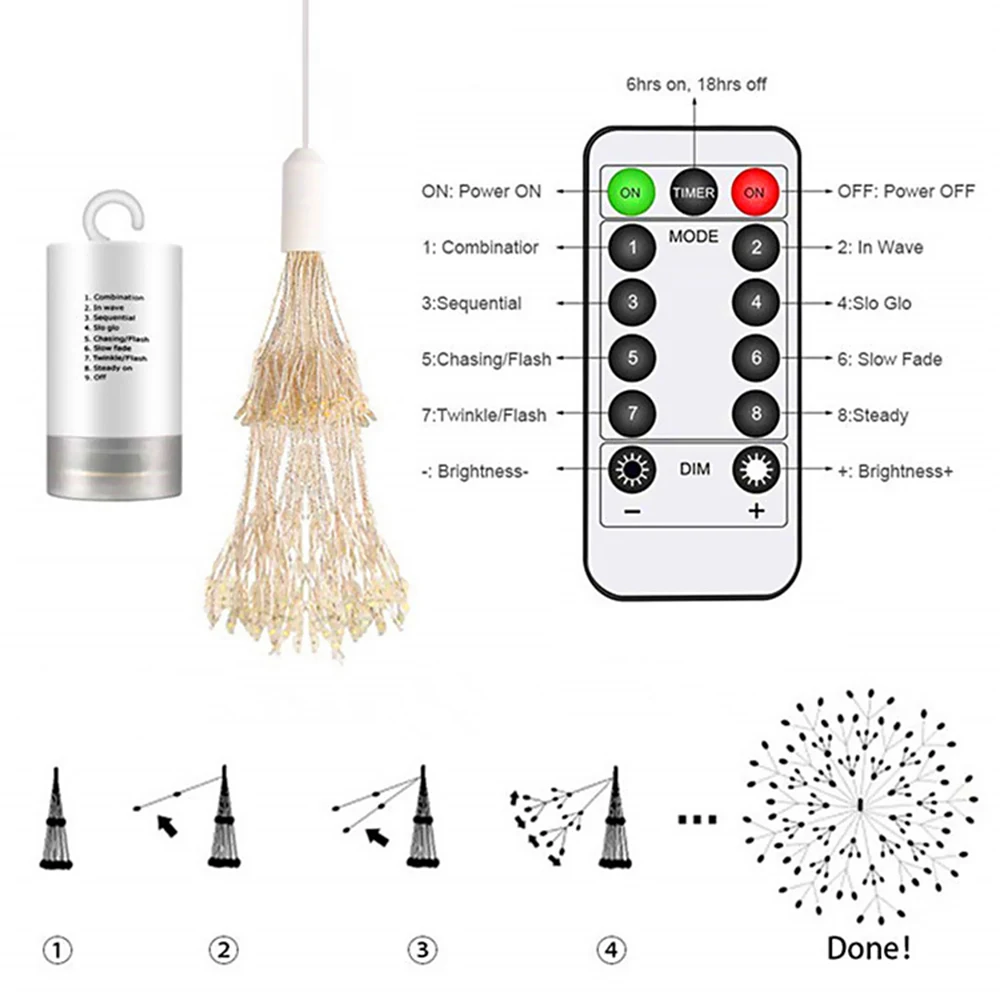 

150 LED Firework Dandelions Light Copper Wire Waterproof Fairy Lights For Wedding Party Decor 8 Modes Remote Control New