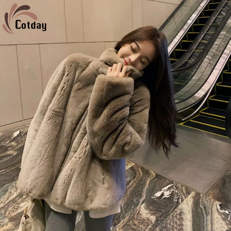 

Cotday Long Casual Zipper 2020 New Fashion Women's Korean Artificial Fur Rex Rabbit Coat Women's Thickened Winter Warm Coats