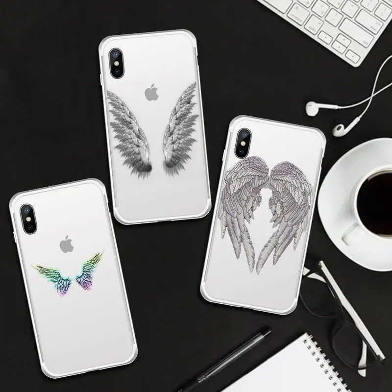 

Angel colourful wings feather black Phone Case Transparent for iPhone 6 7 8 11 12 s mini pro X XS XR MAX Plus cover funda shell