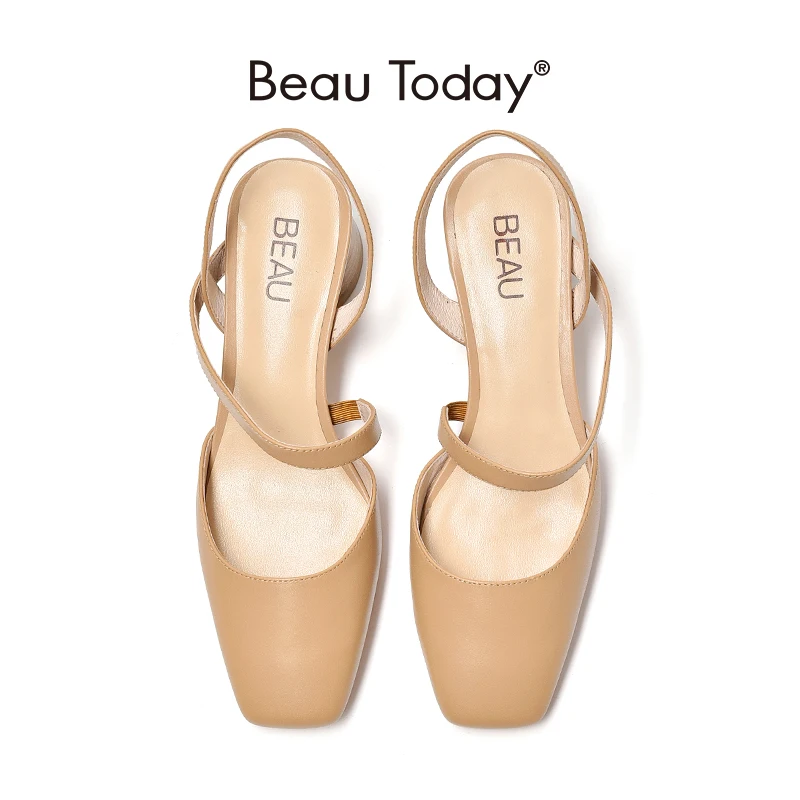 

Pump Sandals Women Calfskin Leather Square Toe Slingback Block Heel Summer Elegant Ladies Slip on Shoes Handmade BeauToday 31043