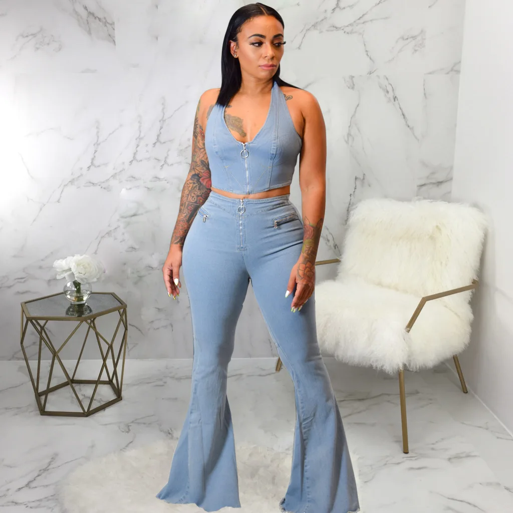Ladies Lace-Up V-Neck Top And High-Waisted Flared Wide-Leg Denim Trousers