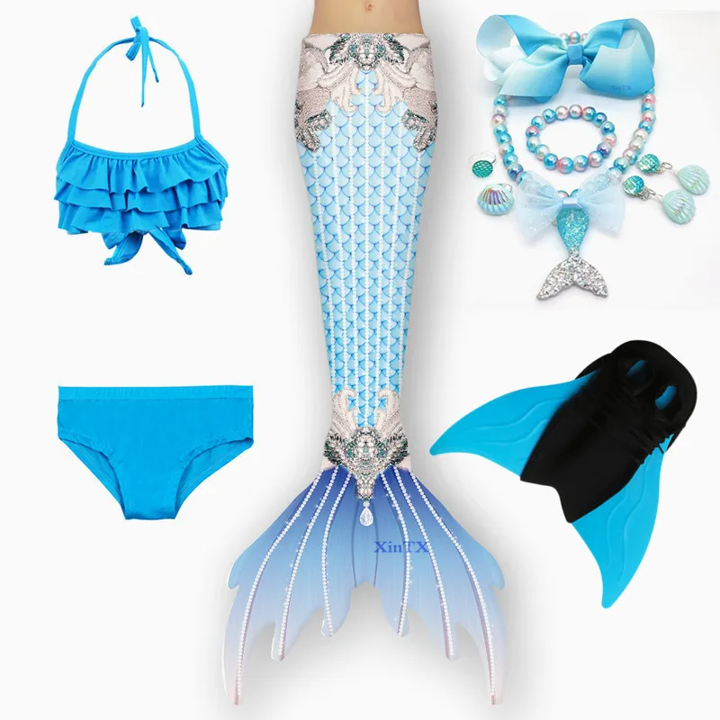 Girls Little Mermaid Tail With Monofin fin Children Swimsuit Kids Bikini Swimming Swimsuit Beach Clothes for Girls Dress Costume