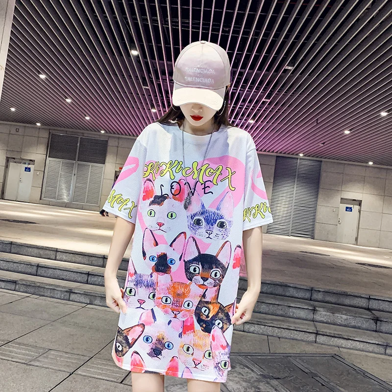 

Straight Plus Size Women Cartoon Print Mesh Long Short Sleeve Summer New Casual T-shirt Women Polo Shirt