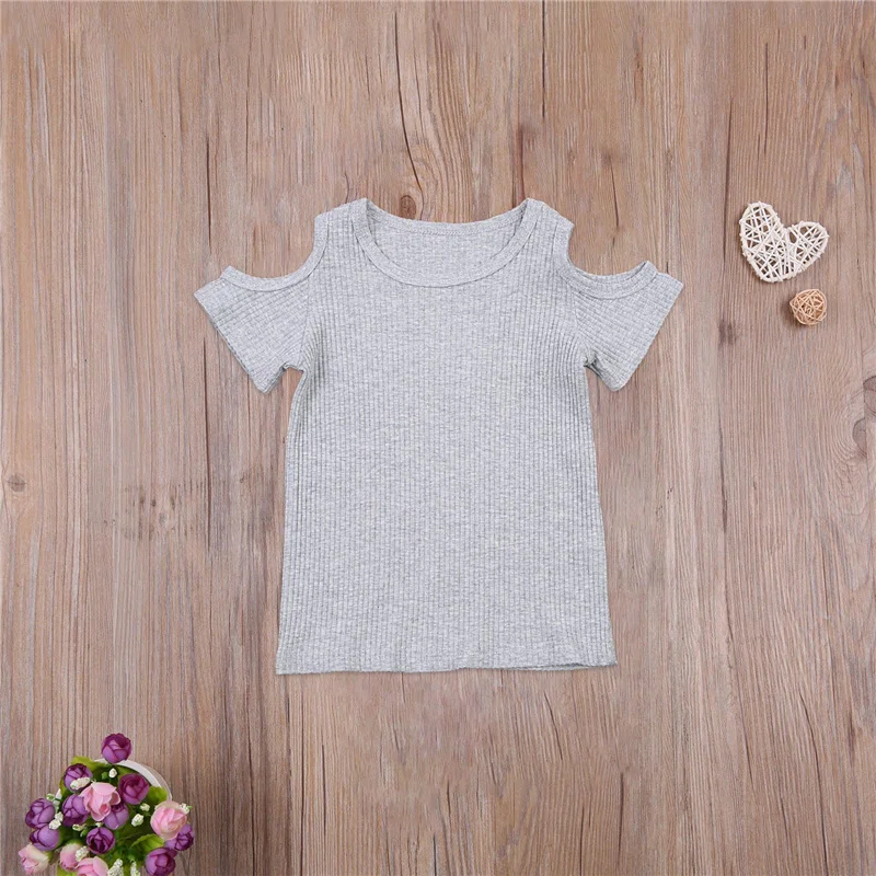 

1-6T Baby Kid Girl Fashion Summer 5 Color Clothing Knitted Solid Color T-shirt Short Sleeve Round Neck Off-shoulder Top