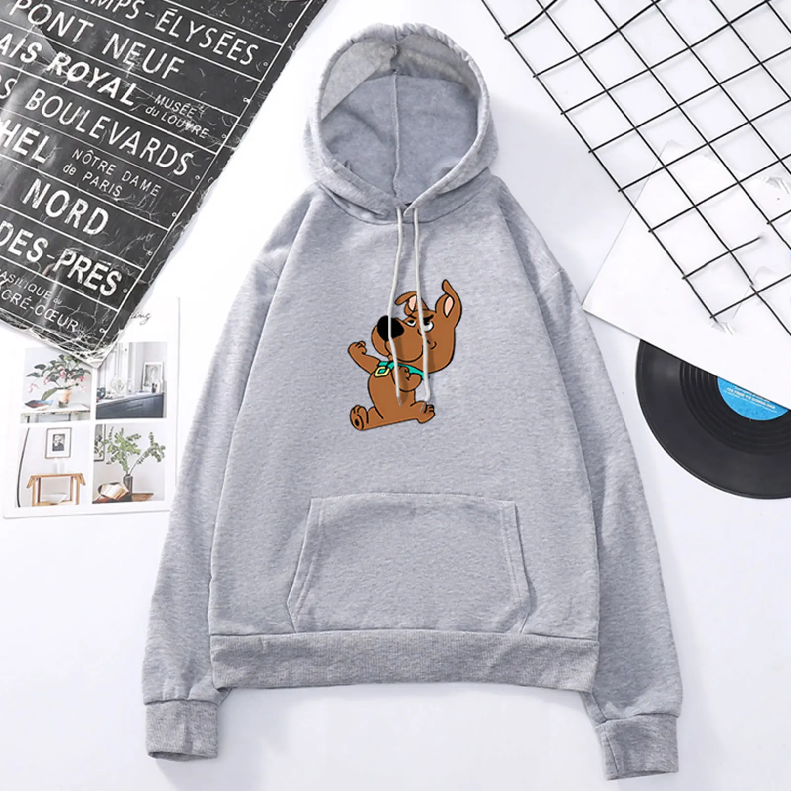 Autumn Women Cartoon Puppy Print Loose Hooded Sweatshirt Long Sleeve Hoodie