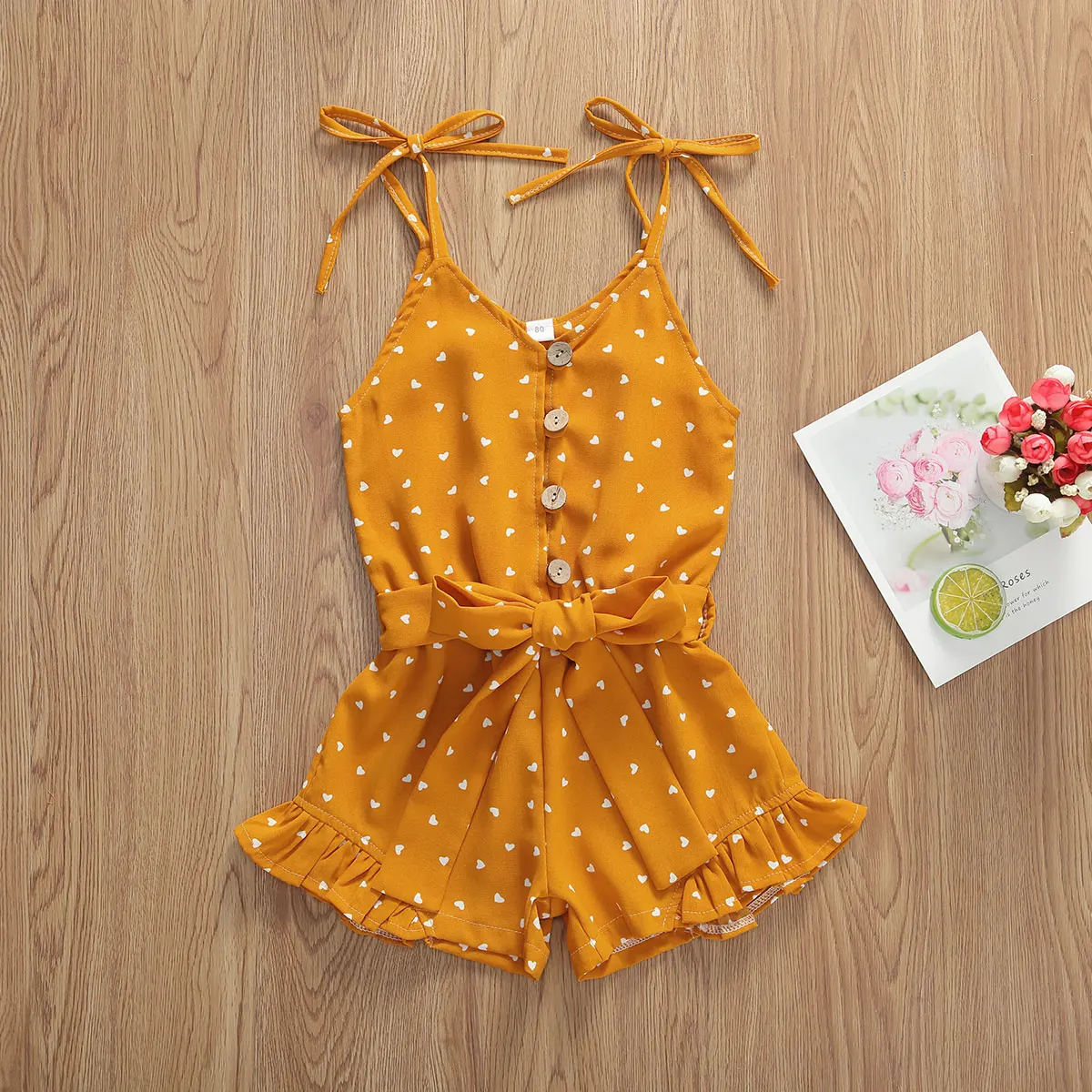 

AA Summer Kids Baby Girls Rompers Heart Print Playsuit Sleeveless Ruffles V Neck Jumpsuits Holiday Girls Outfits