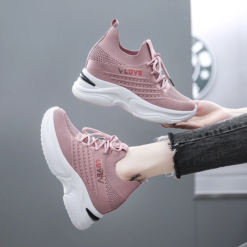 

Fashion Spring Women Platform Wedge Sneakers Breathable Flying Weaven Casual Shoes Female Soft Height Increasing Vulcanize Shoes