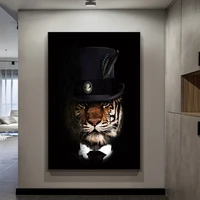 abstract animal canvas painting tiger in a hat modern art prints and posters wall art pictures for living room home decoration