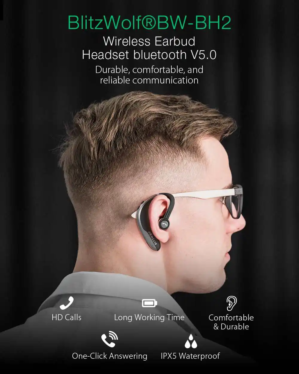 BlitzWolf BW-BH2, беспроводные bluetooth 5,0 наушники, одиночные, бизнес, спортивные, с крючком, громкая связь, звонки, вождение автомобиля, драйвер, наушники, микрофон