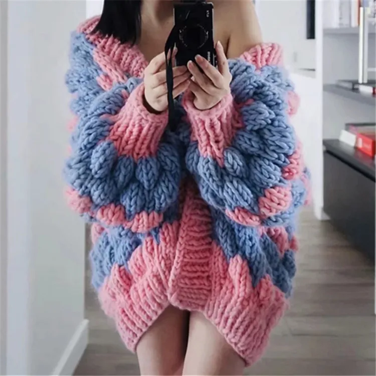 Hand Knitted Cardigans Women's Autumn Vintage Sweaters Striped Pattern Mohair Thick Winter Fashion Oversized |