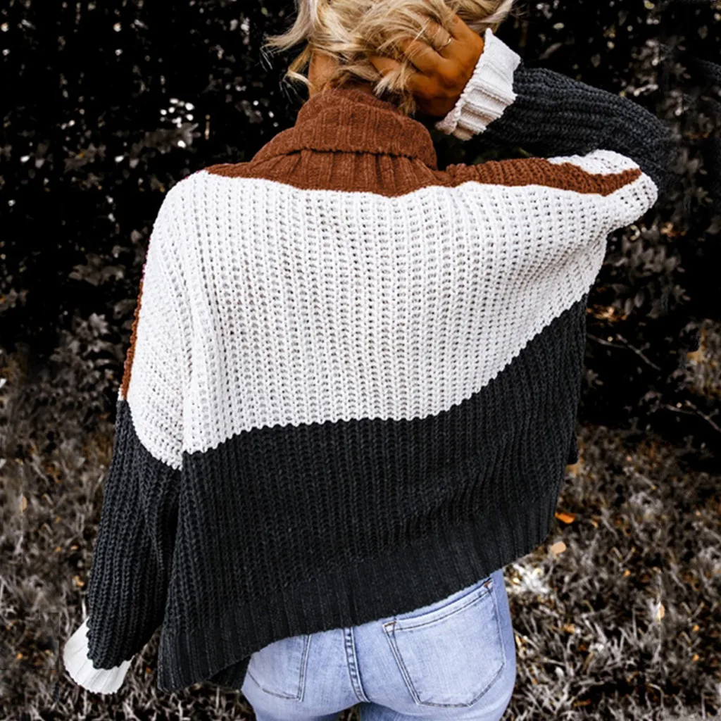 Женский зимний свитер повседневная водолазка лоскутное вязаное пальто женский