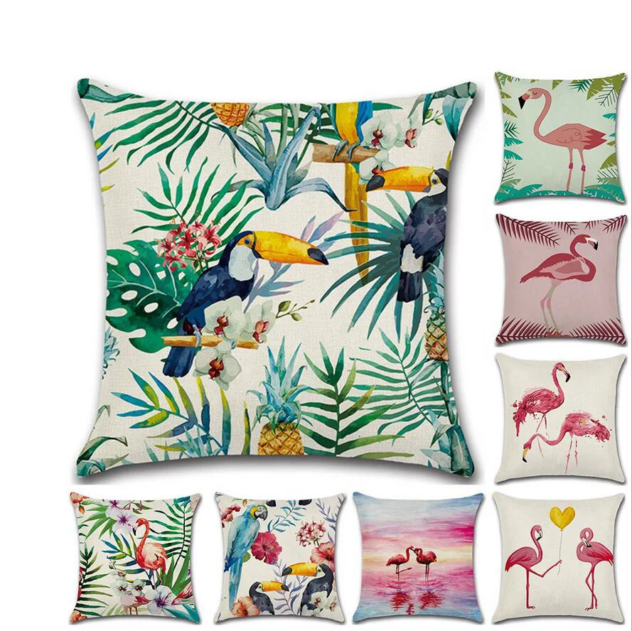 

Painted Tropical Flamingo Toucan Parrot Print Pillowcase Home Decor Animal Cushion Cover Linen Car Sofa Chair Waist Pillow Case